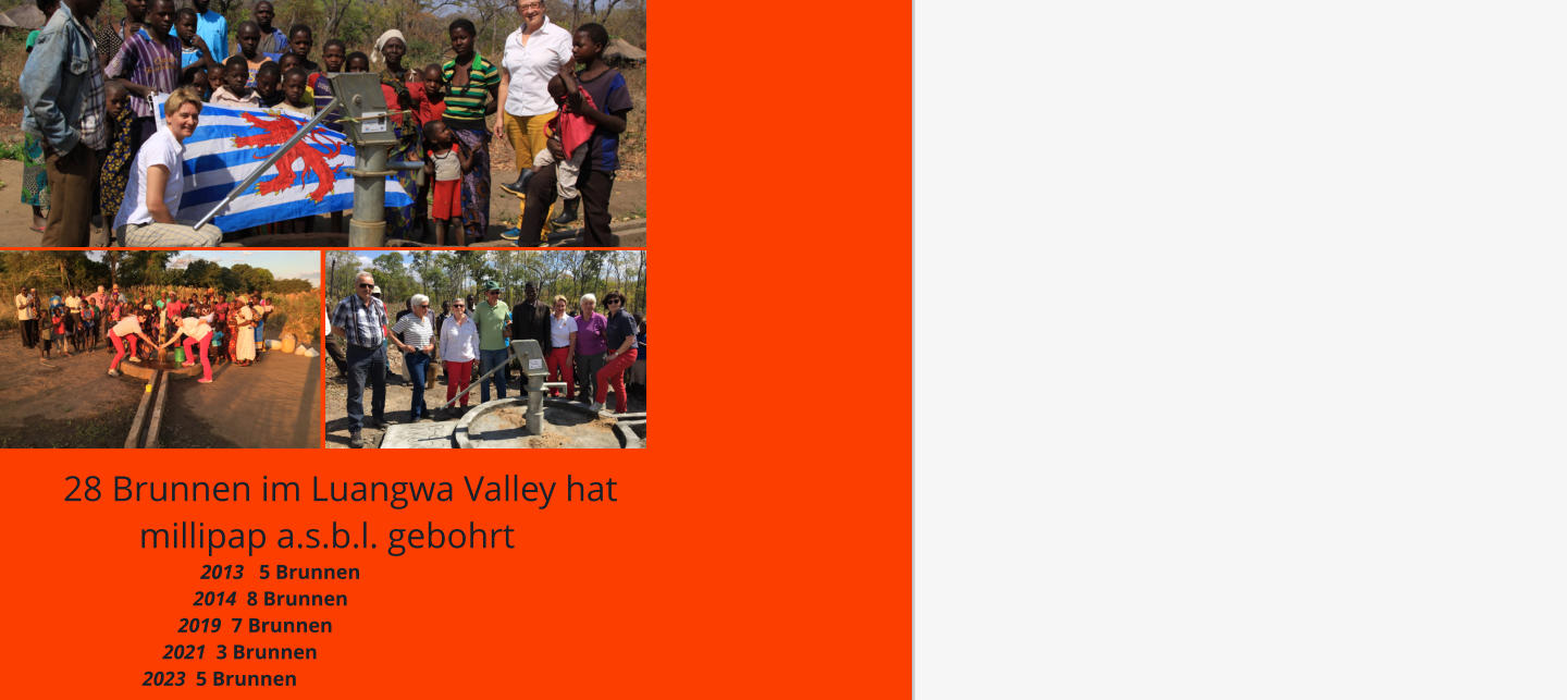 28 Brunnen im Luangwa Valley hat                                                                                                           millipap a.s.b.l. gebohrt                                         2013   5 Brunnen                                       2014  8 Brunnen                                    2019  7 Brunnen                                 2021  3 Brunnen                             2023  5 Brunnen