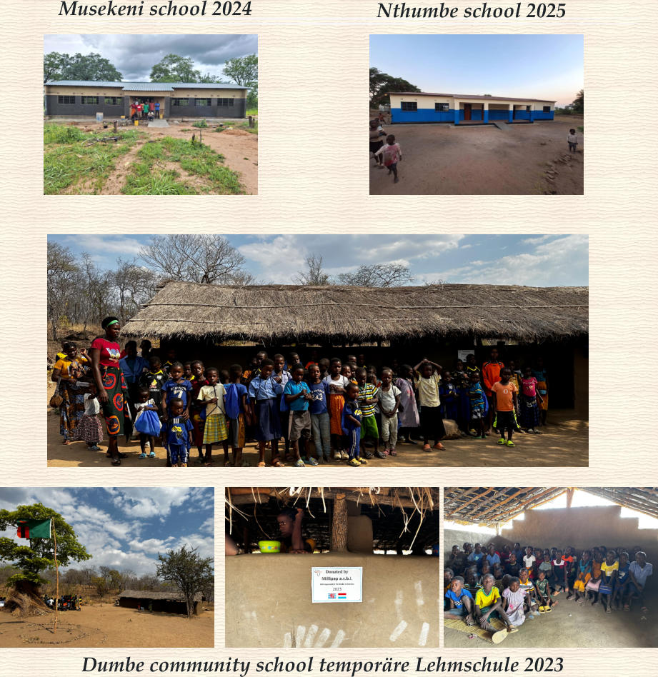 Dumbe community school temporäre Lehmschule 2023 Musekeni school 2024 Nthumbe school 2025